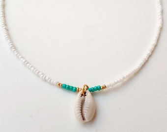 Dainty cowrie shell bead choker beaded necklace shell necklace shell jewelry beach jewelry white bead choker gift for her boho choker