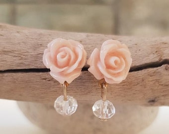 Pastel pink earrings Rose earrings Carved stud earrings Girls womens jewelry Wedding earrings Prom jewelry flower