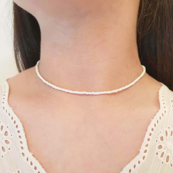 White Choker Necklace White Beaded Choker Dainty Necklace Glass Choker