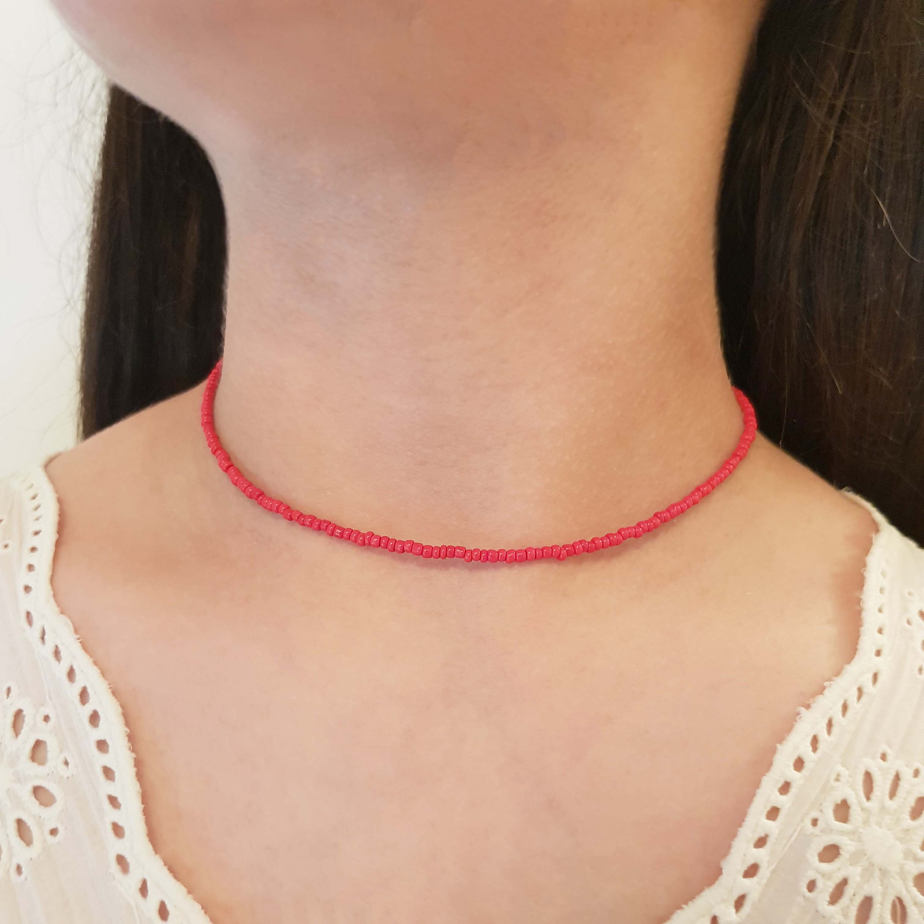Red beaded choker necklace deals