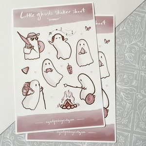 May include: A sticker sheet with a summer theme featuring cute ghost illustrations. The sheet includes ghosts with various activities like listening to music, holding watermelon slices, and roasting marshmallows. The text "Little ghosts Sticker sheet" and "Summer" is printed on the sheet.
