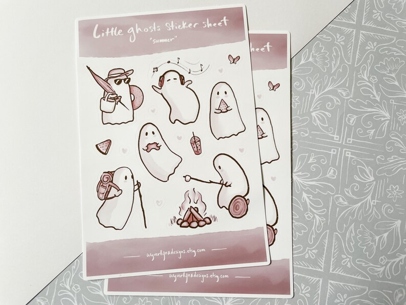 May include: A sticker sheet with a summer theme featuring cute ghost illustrations. The sheet includes ghosts with various activities like listening to music, holding watermelon slices, and roasting marshmallows. The text "Little ghosts Sticker sheet" and "Summer" is printed on the sheet.