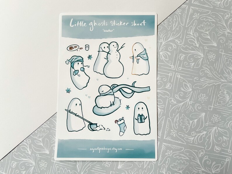 Sticker sheets of little ghosts doing winter activities, perfect for bullet journals and scrapbooks.