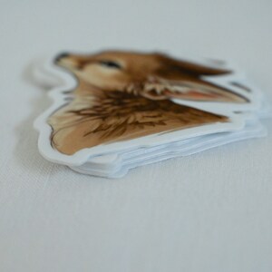 May include: A stack of stickers featuring a detailed illustration of a fox's head with brown fur and a white background.