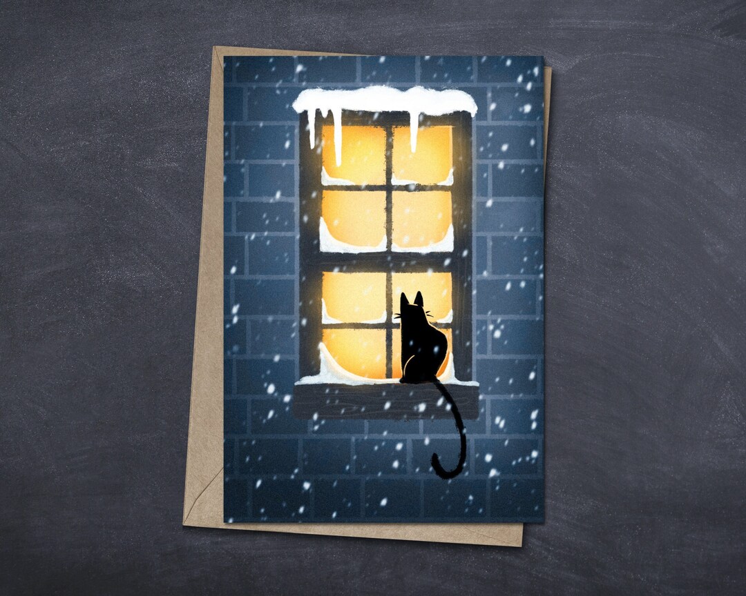 Winter Cat Christmas Card Black Cat in Glowing Window Cozy Winter Holiday Greeting Card Winter