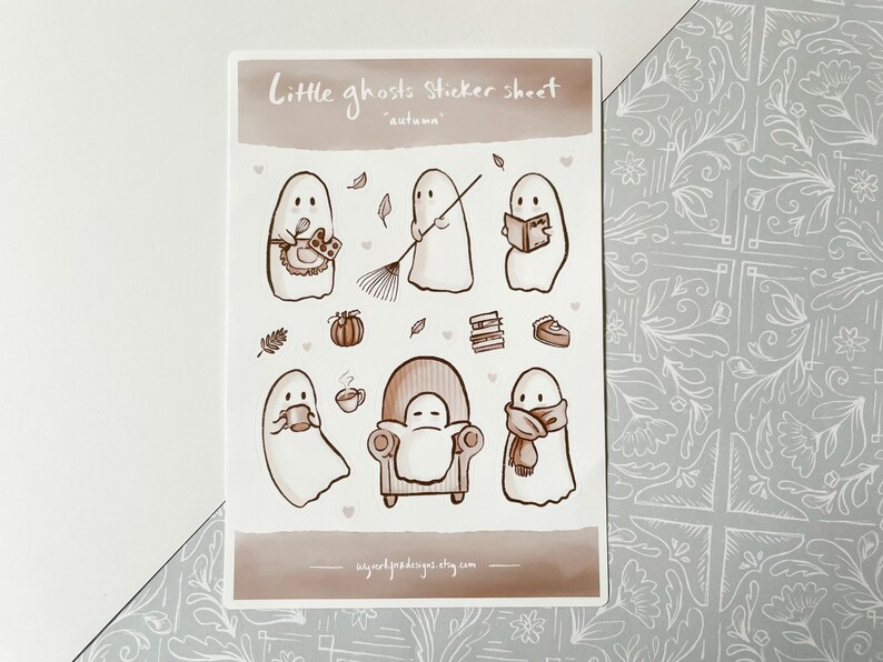 Sticker sheets of little ghosts doing autumn activities, perfect for bullet journals and scrapbooks.