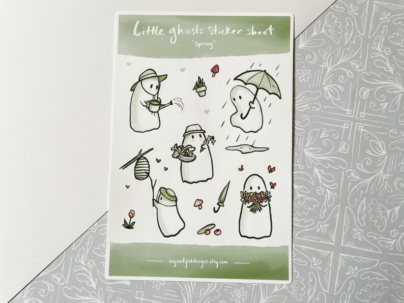 Sticker sheets of little ghosts doing spring activities, perfect for bullet journals and scrapbooks.