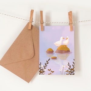 Carte de vœux Canards dans un étang, papeterie confortable, carte de vœux, enveloppe Kraft été, Cottagecore, Petit cadeau, Carte 5x7