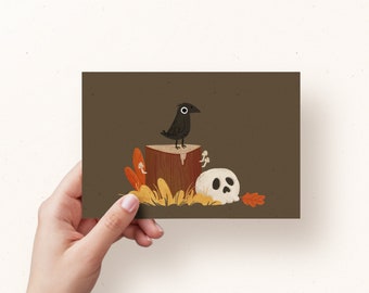 Spooky Crow Handmade Postcard, Double Sided Postcard, Illustrated Halloween Stationery, art print