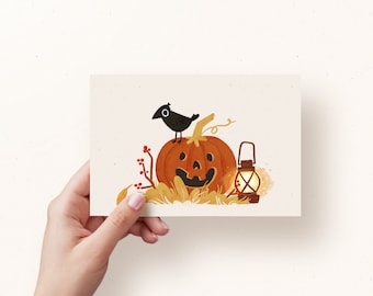 Pumpkin Halloween Handmade Postcard, Double Sided Postcard, Illustrated Halloween Stationery, art print
