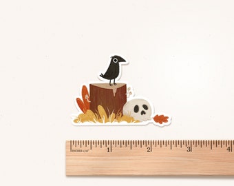 Halloween Cut Vinyl Sticker, Crow, Stump, Skull, Autumn Fall Illustration, Cosy Stationery, Small Gift