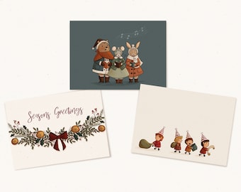 Christmas Card Pack | Set of 3, 6 or 10 Holiday Cards, Blank Inside, With Kraft Envelopes