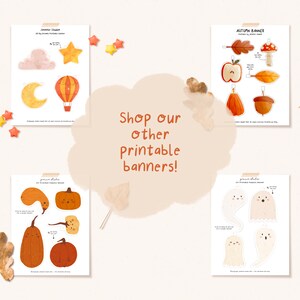 May include: Four printable banners featuring autumn and Halloween themes. The banners include images of pumpkins, ghosts, hot air balloons, leaves, acorns, and apples. The text on the banners reads "Autumn Banner", "Pumpkin Studio", "Ghost Studio", and "Jumble Studio".