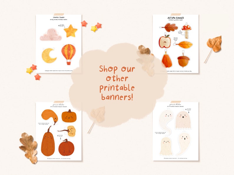 May include: Four printable banners featuring autumn and Halloween themes. The banners include images of pumpkins, ghosts, hot air balloons, leaves, acorns, and apples. The text on the banners reads "Autumn Banner", "Pumpkin Studio", "Ghost Studio", and "Jumble Studio".