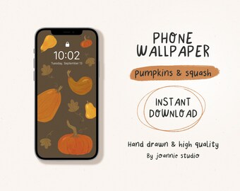 Pumpkins & squash Phone Digital Wallpapers, Hand Drawn Wallpaper, Instant Digital Download, Drawing Art Illustration Phone Wallpaper