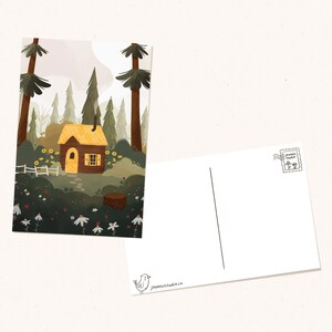 Carte postale faite à la main Forest Cottage, carte postale recto verso, papeterie illustrée d’Halloween, impression d’art