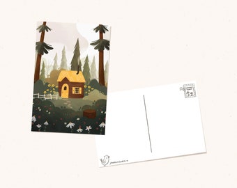 Forest Cottage Handmade Postcard, Double Sided Postcard, Illustrated Halloween Stationery, art print