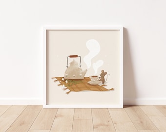 Tea Time Art Print | Mouse drinking Tea Wall Art | Cute Mouse Illustration