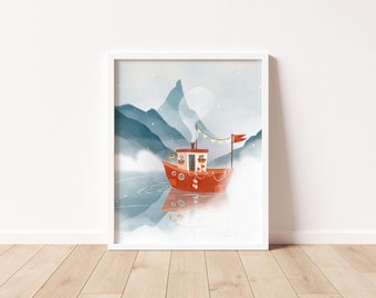 House Boat Art Print / Boat Wall Art / Illustrazione nautica
