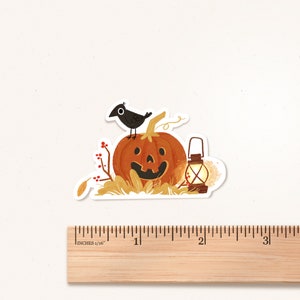 Halloween Pumpkin Crow Vinyl Sticker: Autumn Fall Illustration
