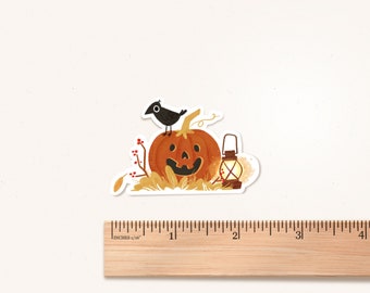 Halloween Cut Vinyl Sticker, Crow, Pumpkin, Jack-O-Lantern, Lantern, Autumn Fall Illustration, Cosy Stationery, Small Gift