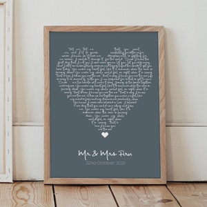 Personalised Lyrics Print | First Dance Lyrics, Wedding Song Print, Vows, Poem / Heart Shaped Couples Song, wedding gift