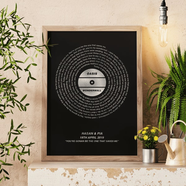 Cadeau voor mannen, aangepaste folie metallic songteksten record vinyl print, cadeau voor man, ingelijste en ingelijste opties, elk nummer