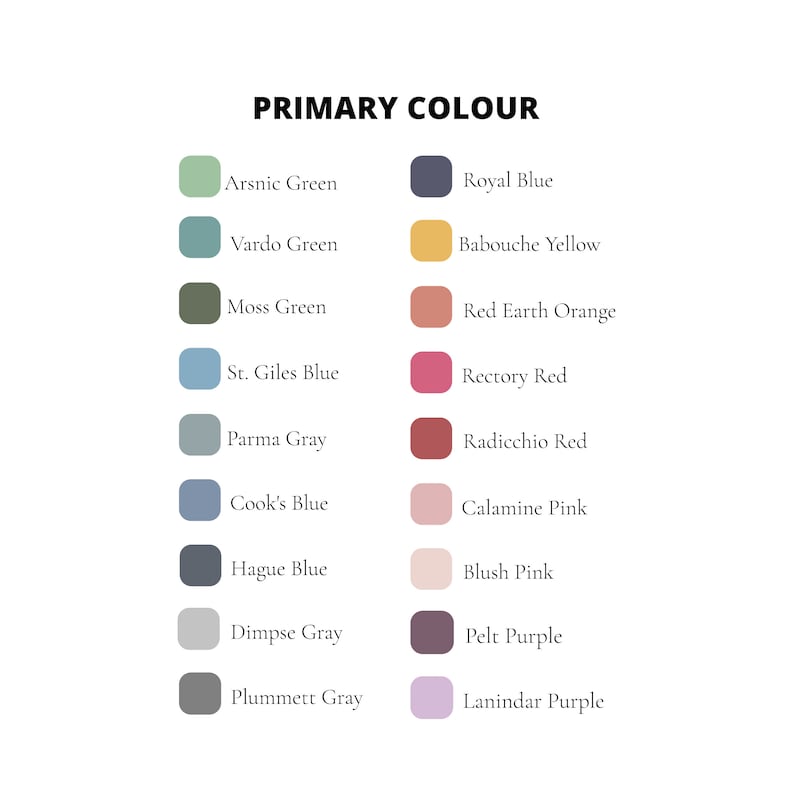 May include: A chart with 16 color swatches and their corresponding names. The colors include green, blue, yellow, orange, red, gray, and purple.
