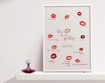 May include: A white framed poster with the text "Kiss the Miss goodbye" and a design of red lipstick kisses. The poster is for a celebration hen party on 08th July 2023.