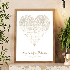 Personalised Metallic Foil Song Lyrics Heart Print, First Dance, Wedding Song, Couple&#39;s Gift, Anniversary Gift, Valentine&#39;s Day gift