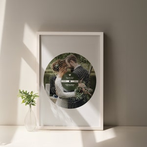 May include: A framed print of a wedding photo with a record-shaped design. The photo shows a couple kissing, and the record design features the words "Our First Dance" and "Tennessee Whiskey" in a vintage style.