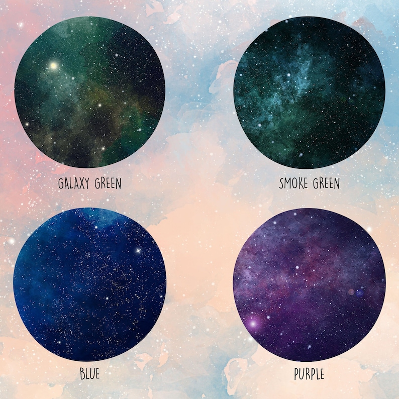 May include: Four watercolor galaxy circles with different color schemes: galaxy green, smoke green, blue, and purple. Each circle has a white background with stars.