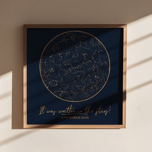 May include: A navy blue framed print with a gold constellation map and the text "It was written in the stars! 15TH MARCH 2024".