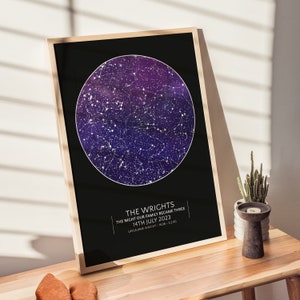 May include: A framed print with a black background and a circular star map in shades of purple and blue. The text "THE WRIGHTS THE NIGHT OUR FAMILY BECAME THREE 14TH JULY 2023 LAYLA JANE WRICHT - 14:38 - 3.2 KG" is printed below the star map.