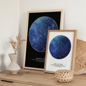 May include: Two framed star maps with blue and white constellations on a black and white background. The top frame has the text "LEWIS & TOM FROM THIS NIGHT ON THE LAUGHTER 25TH NOVEMBER 20". The bottom frame has the text "SALLY & TOM THE NIGHT WE MADE IT OFFICIAL 14TH JULY 2022".