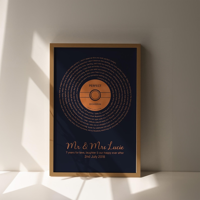 May include: A framed print with a navy blue background and a gold-colored frame. The print features a circular design with the word "PERFECT" and the artist's name, "ED SHEERAN." Below, it reads "Mr & Mrs Lucie" and the date "2nd July 2018."
