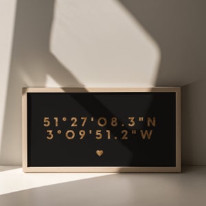 May include: A framed black and white print with gold lettering. The print features the coordinates 51°27'08.3"N 3°09'51.2"W and a small gold heart.