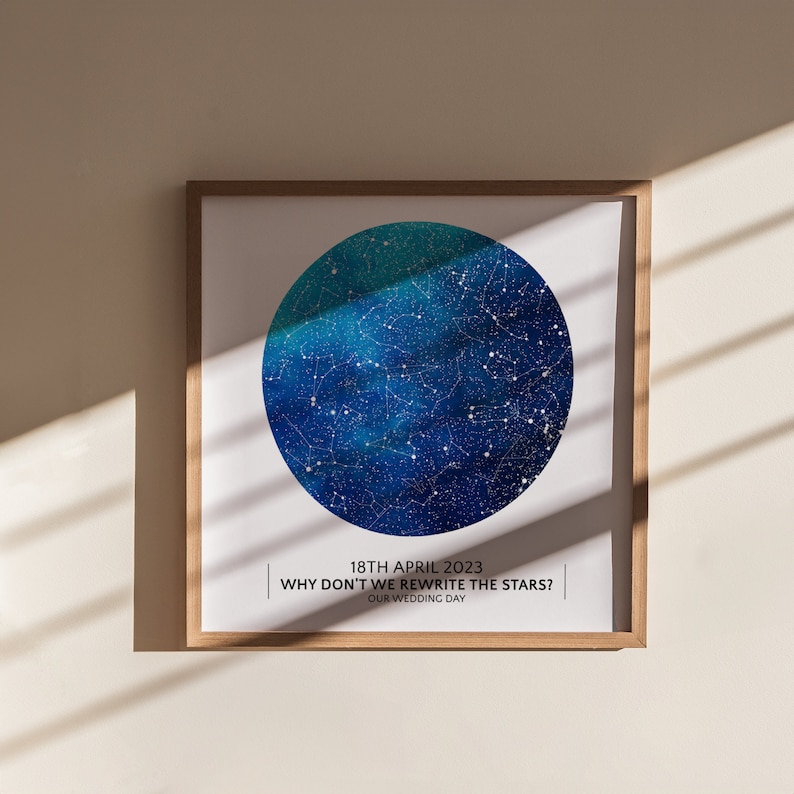 May include: A framed print with a blue and green watercolor star map. The text below the map reads "18th April 2023 | Why don't we rewrite the stars? | Our wedding day."