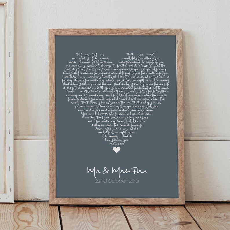 Personalised Lyrics Print | First Dance Lyrics, Wedding Song Print, Vows, Poem / Heart Shaped Couples Song, wedding gift,Anniversary 