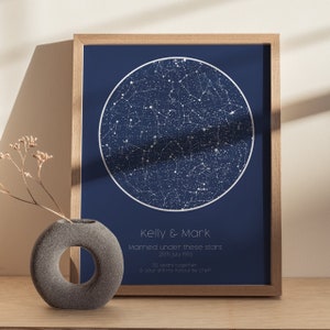 Könnte beinhalten: Ein gerahmter Druck mit einem marineblauen Hintergrund, der eine weiße Sternenbildkarte zeigt. Der Text "Kelly & Mark" ist unter der Karte gedruckt, zusammen mit dem Text "Verheiratet unter diesen Sternen 25. Juli 1993 30 Jahre zusammen & du bist immer noch mein Lieblingskoch!"