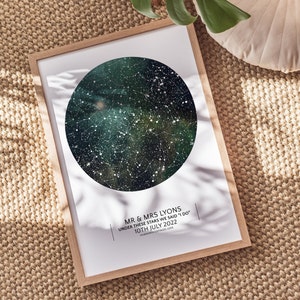 May include: A framed print with a dark green and black star map with white stars. The text below the map reads "MR & MRS LYONS UNDER THESE STARS WE SAID "I DO" 10TH JULY 2022 KLMNORTH COTTAGES LOCE".