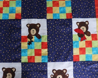 Teddy's in the bed quilt, baby quilt pattern, baby quilt applique and scrap pattern.