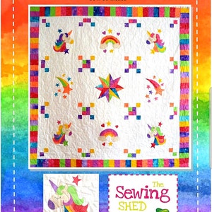 May include: A colorful quilt pattern featuring unicorns, rainbows, and stars. The quilt is 60 inches by 60 inches and is titled "Unicorn Love". The pattern is from The Sewing Shed.