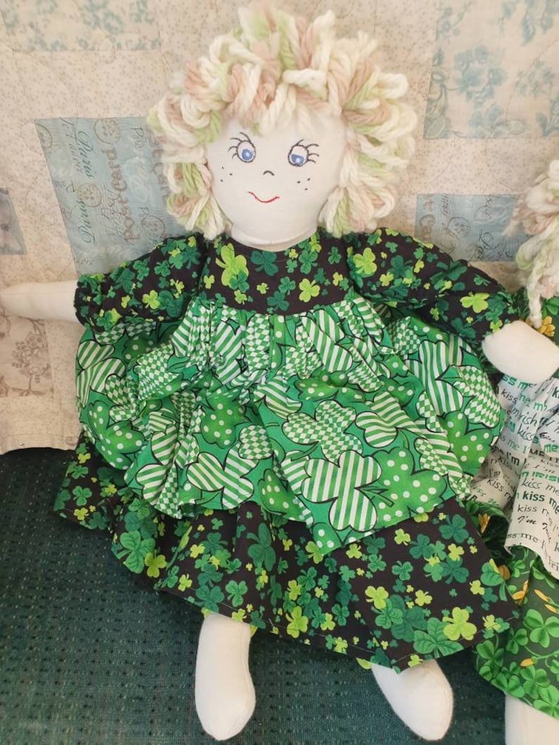 Irish rag dolls handmade in Ireland shamrock dresses apron Etsy