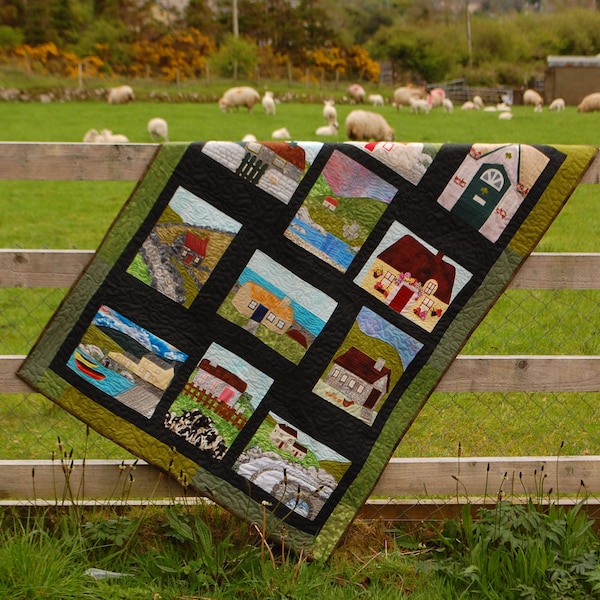 Livre de courtepointe à motifs de cottages irlandais pour réaliser une courtepointe de paysage ou une tenture murale avec des blocs de chalets appliqués d'Irlande