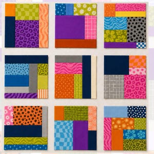 May include: A collection of nine square fabric quilt blocks arranged in a grid. Each block features a patchwork design composed of various rectangular and square fabric pieces in vibrant colours including orange, purple, blue, green, pink, and grey.