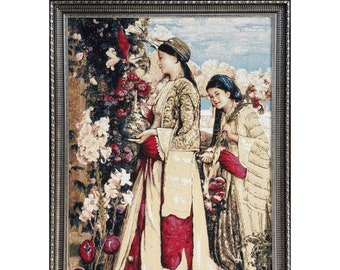 Girls Picking Flowers-Medieval Wall Hanging Tapestry-Picking of the Grapes-Millefleurs motif-Belgian Tapestry-Gobelin Wallhanging-Medieval