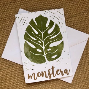 Handprinted monstera card , Block printed  card , A6 recycled card and envelope in eco-friendly packaging