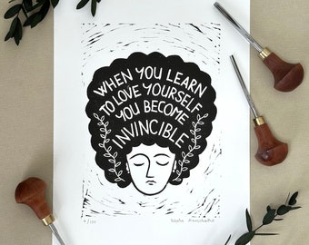 Original handprinted linocut wall art | Limited edition | Empowering print | Self love art | Unmounted