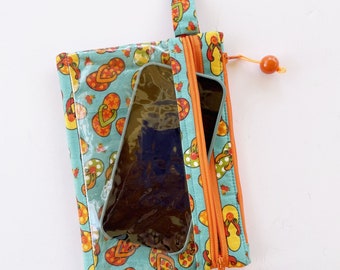 Porte-monnaie pour téléphone à écran tactile avec fenêtre transparente, double poche pour téléphone, cadeau fait main pour femme, comprenant une pochette en tissu, des tongs